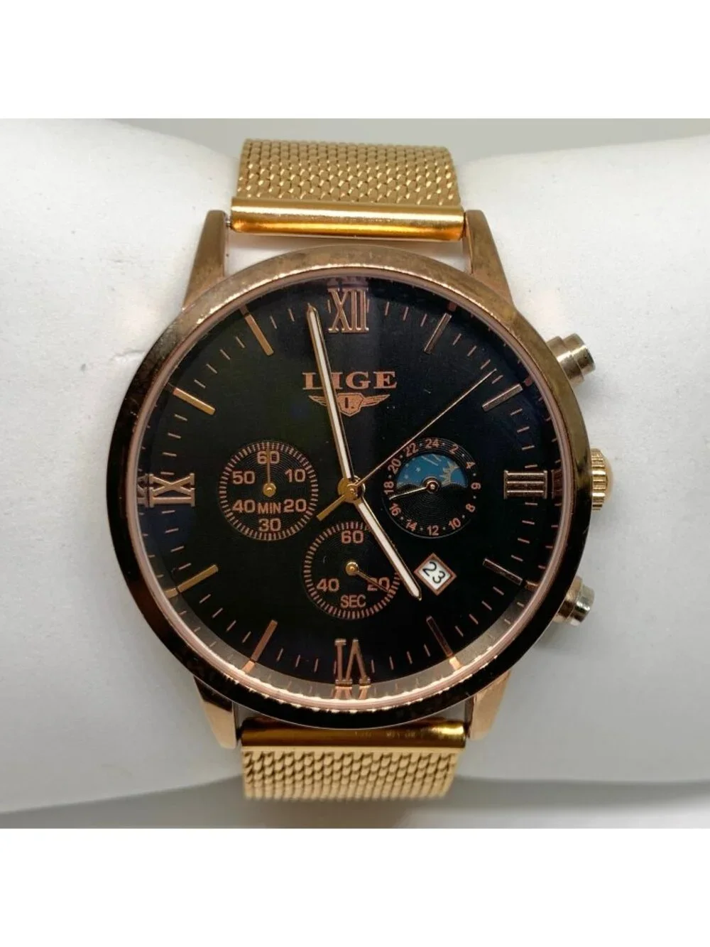 Lige Dream Mens watch date Moon Phase 44mm Gold Tone Black dial Quartz running